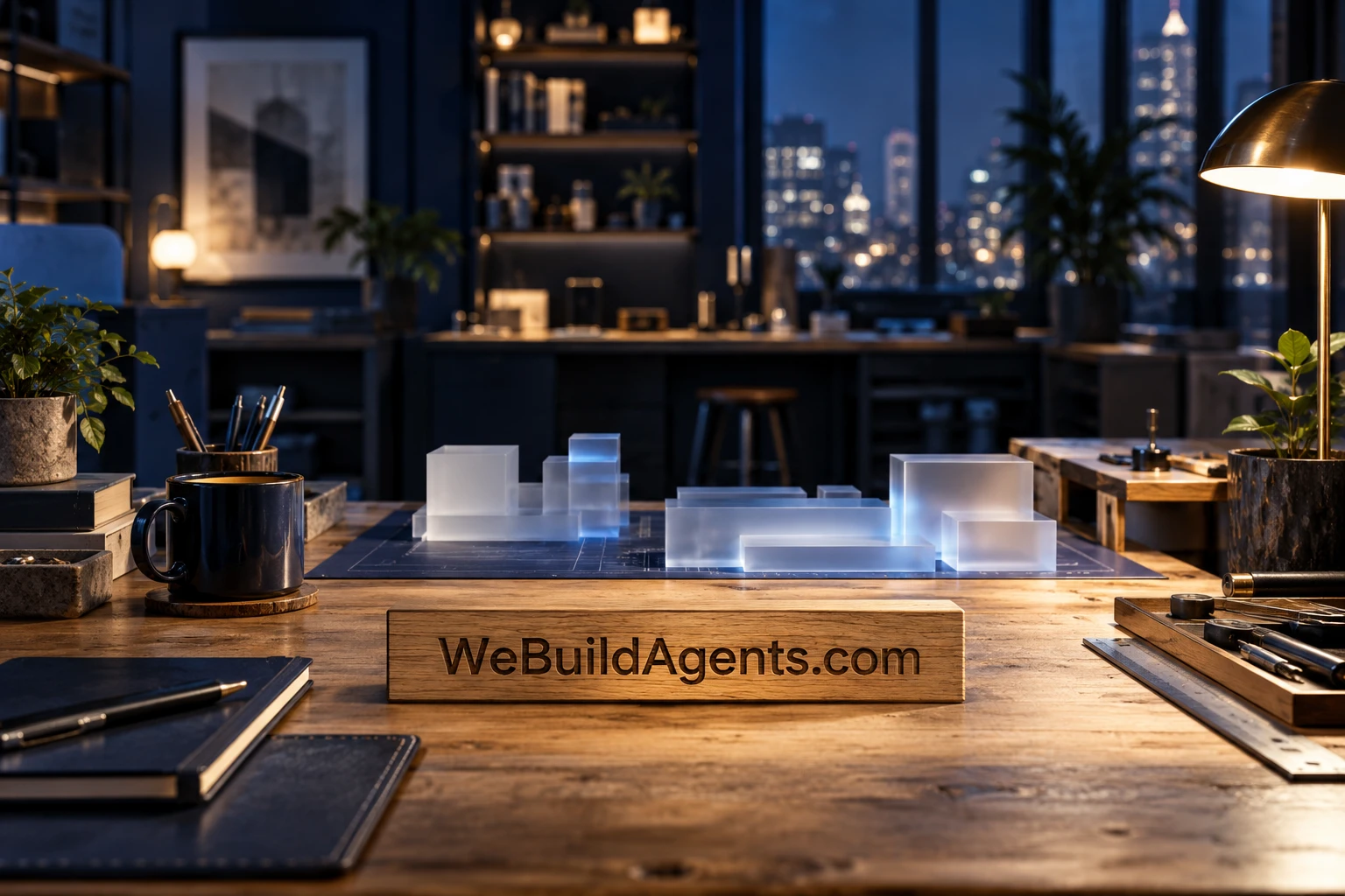 A midnight-blue software workshop with acrylic task blocks and a wooden WeBuildAgents.com sign