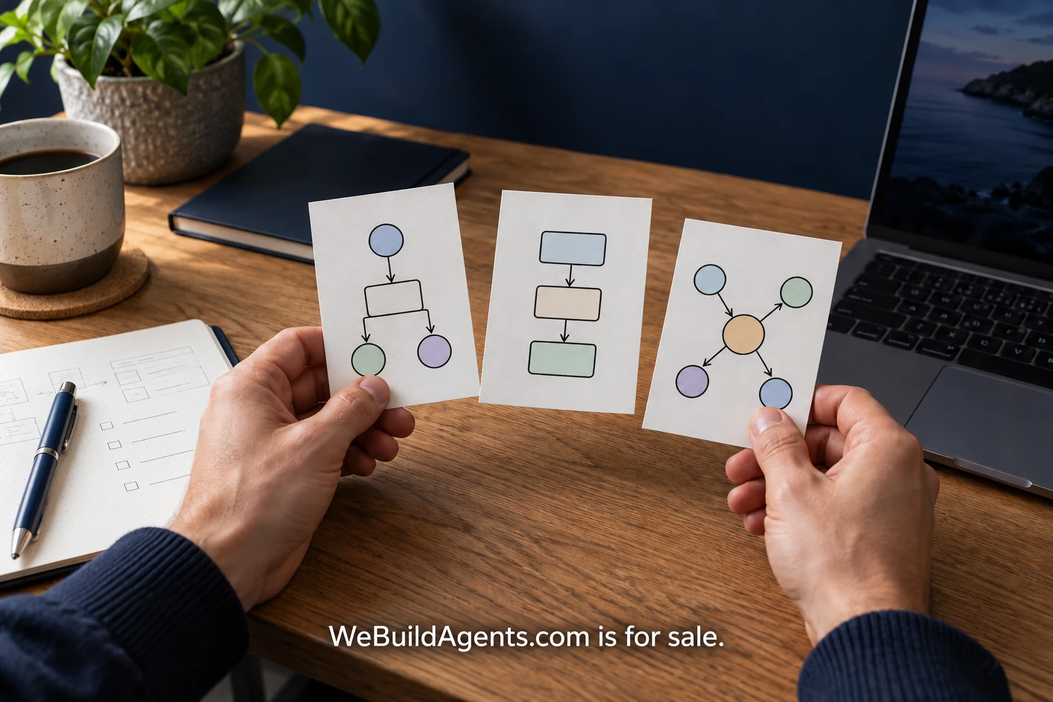 Three candidate workflow cards compared on a wooden desk